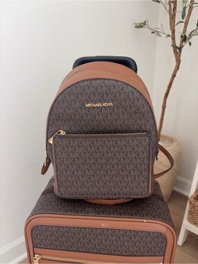 Michael Kors Brown Signature MK Mini Backpack with Tan Trim